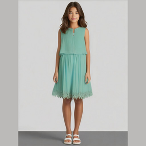 Ella Moss Dress, Aqua Blue Lined Floral Brocade Trim Back Keyhole Button